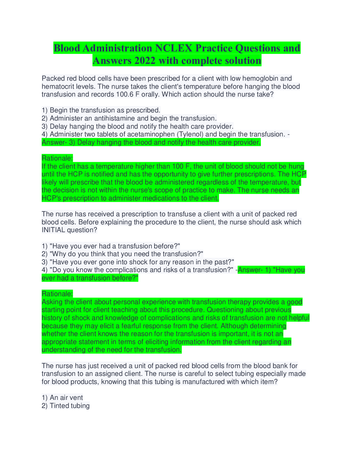 Preview image for Blood Administration NCLEX Practice Questions and Answers 2022 with complete solution. Graded A. 2022/2023 update